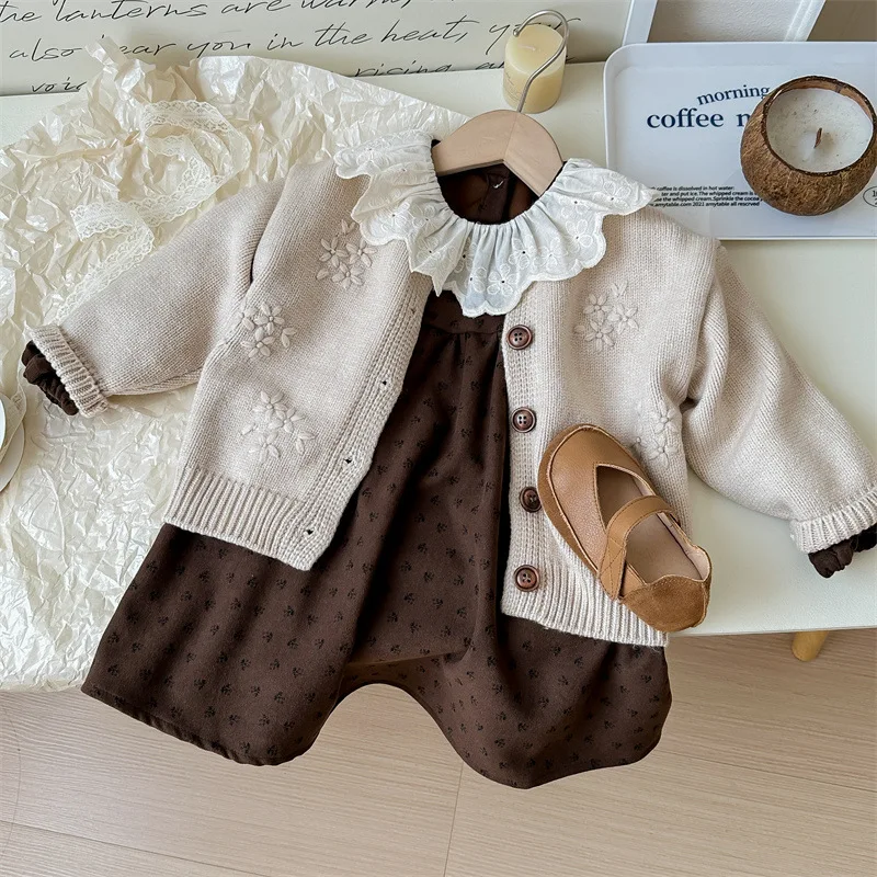 Girl\'s Sweet Suit Children Baby Kids Infants Retro Hook Flower Knitted Cardigan +Floral Dress 2Pcs Sets