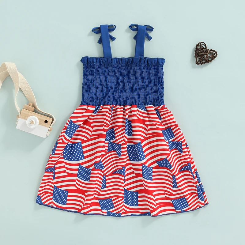 Girl s Sleeveless Patriotic Star Stripe Printed Flag Pattern Sling Dress for Independence Day Celebration Toddler Kid Girl