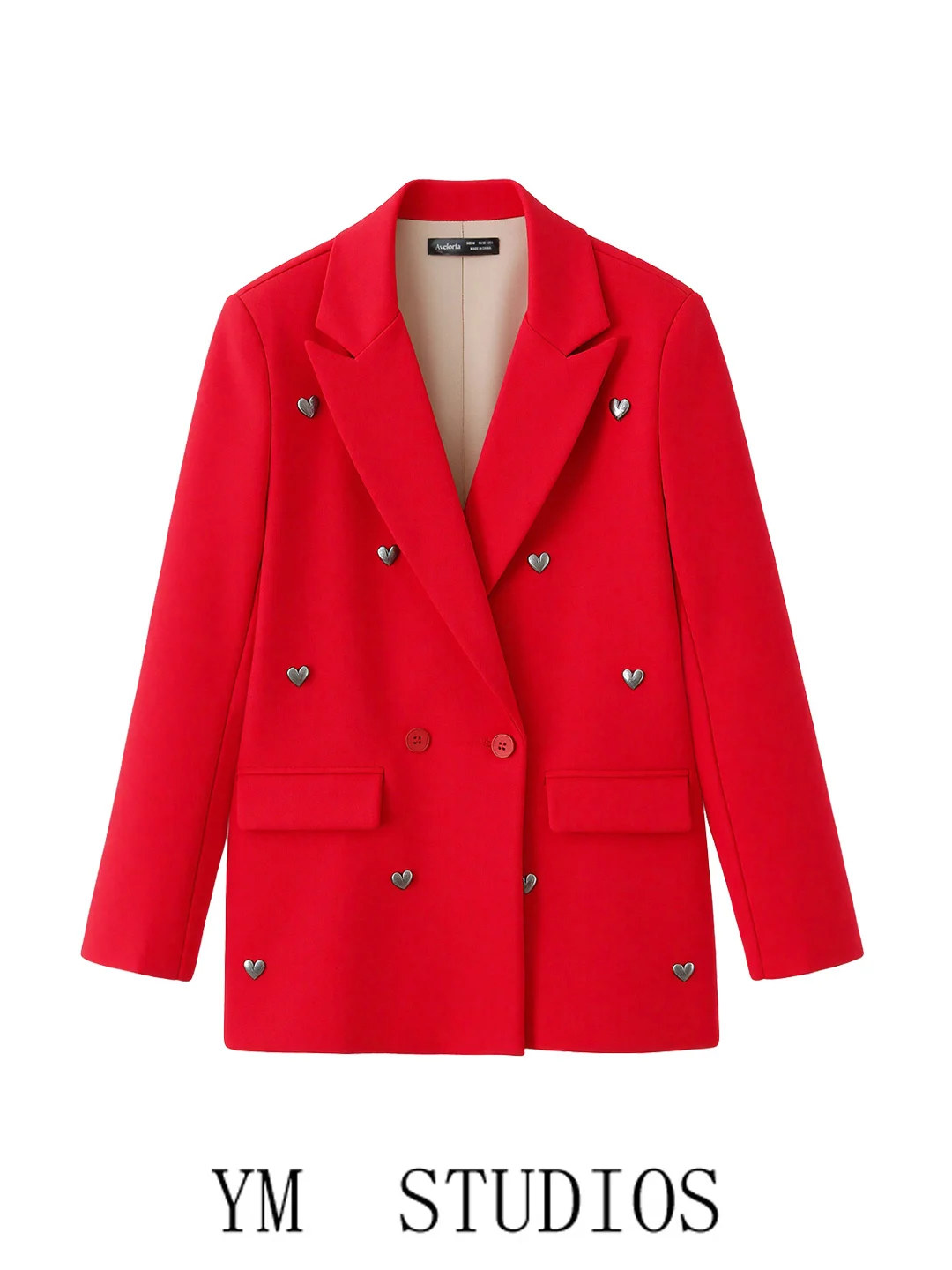 Red Double-Breasted Suit Jacket Women's High-End Autumn Fashion Heart-Shaped Accessories Polyester Fiber Metal Decorations