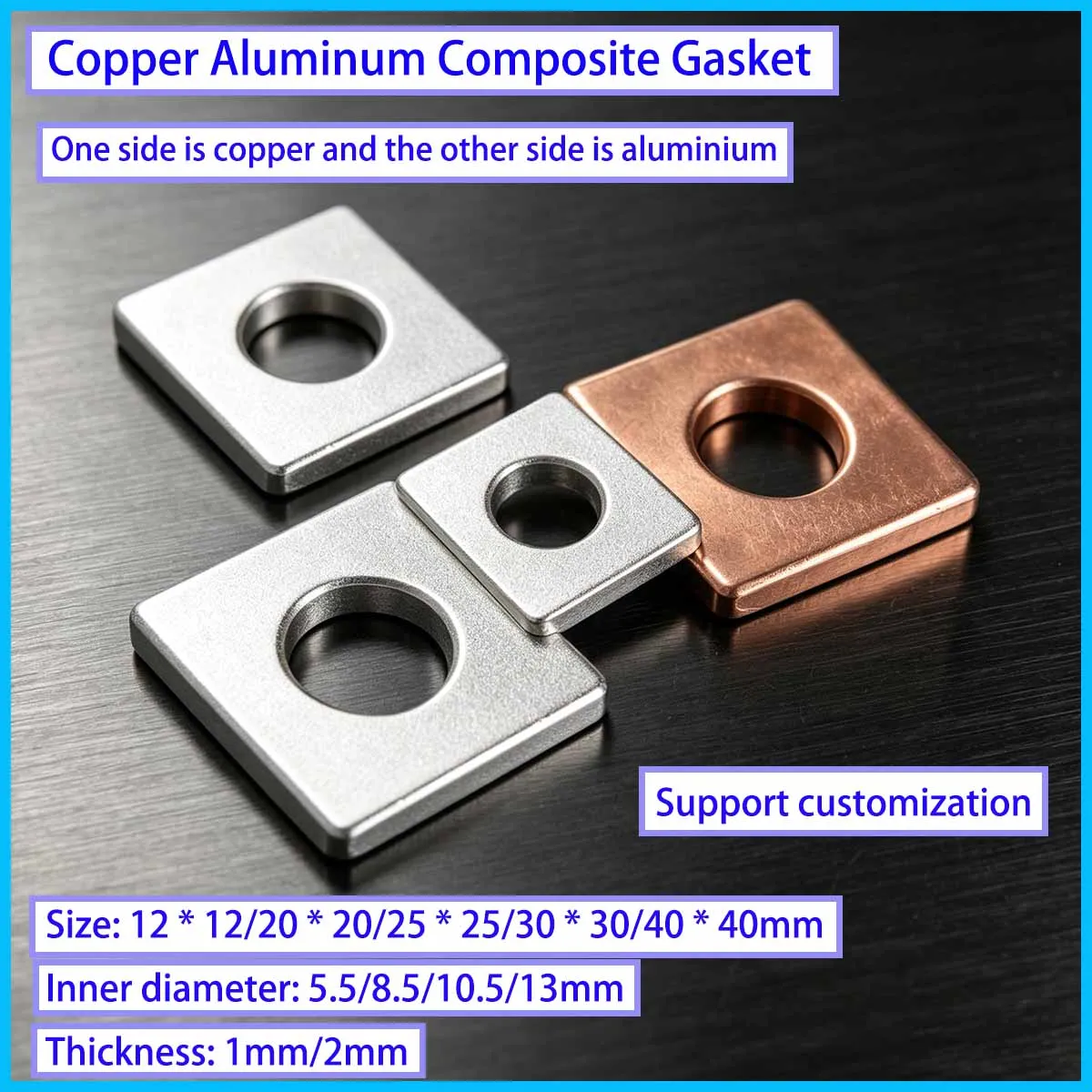 10PCS Copper Aluminum Transition Gasket Square Composite Gasket Copper Aluminum Size Can Be Customized Inner Diameter 8.5-13mm