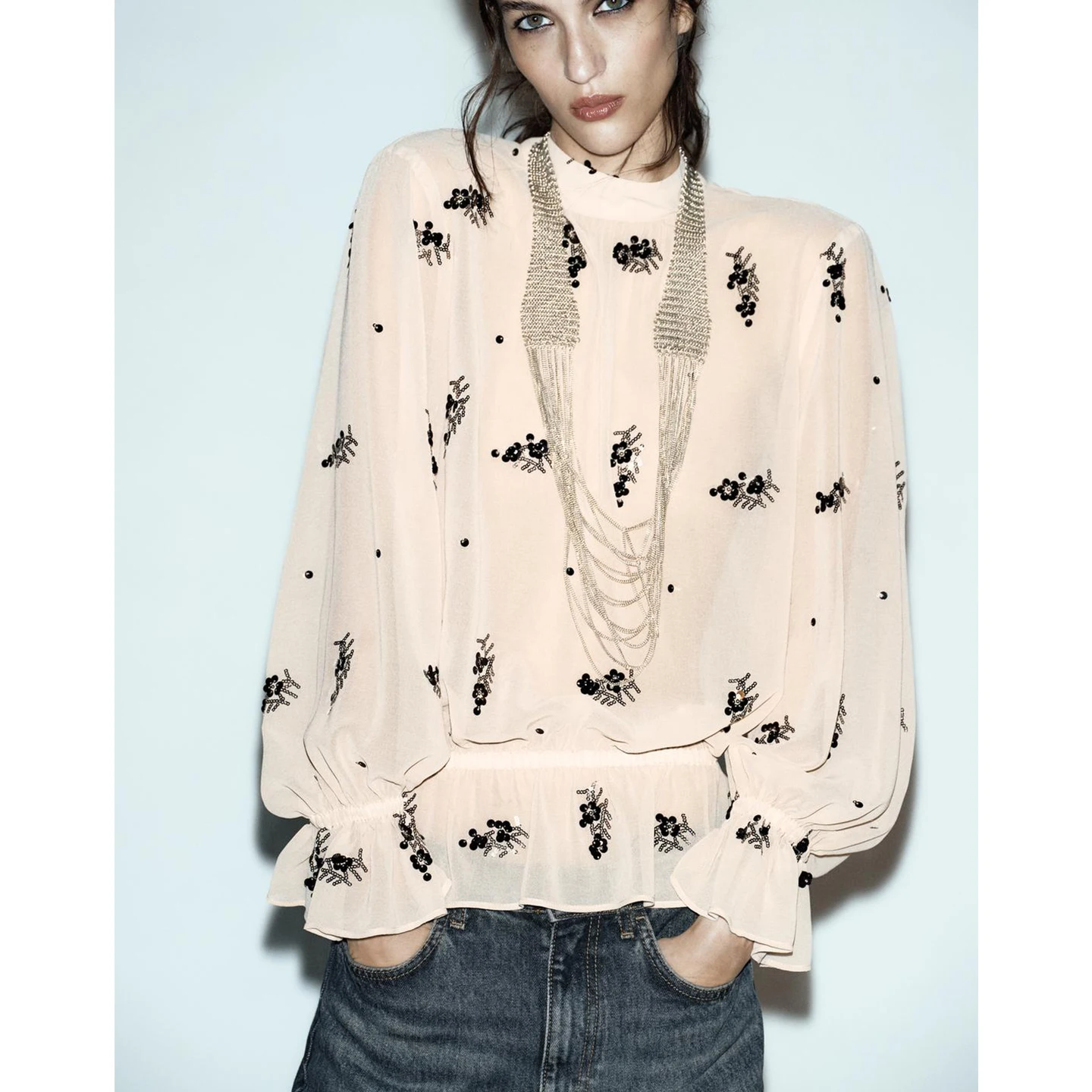 خريف شتاء جديد وصول المرأة حصيرة Sle الوقوف طوق طويل Sve مطاطا هيم حبة شبه شفافة irt عادية Lo... #3