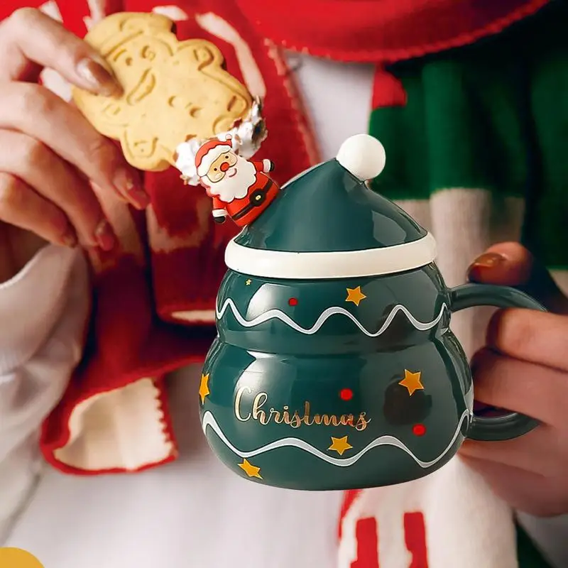 Christmas Coffee Mug 500ml Ceramic Coffee Cup With Christmas Hat Lid And Santa Claus Spoon Juice Cup With Handle For Women Girls