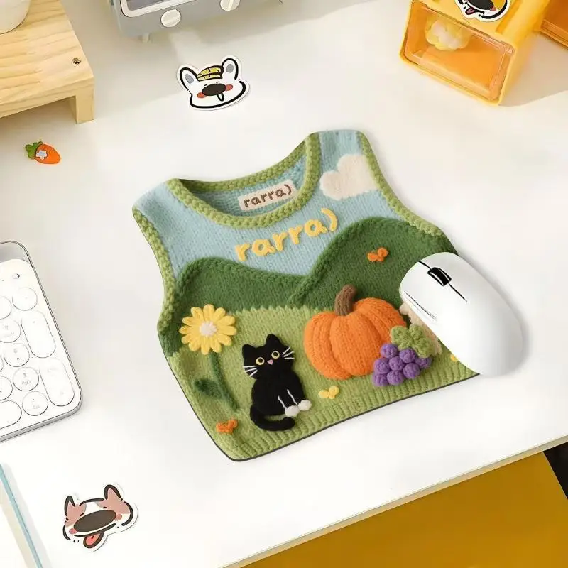 Knitted Mouse Pad With Cute 3D Cat Pumpkin Pattern Non Slip Base For Home Office Desk Aesthetic Decor