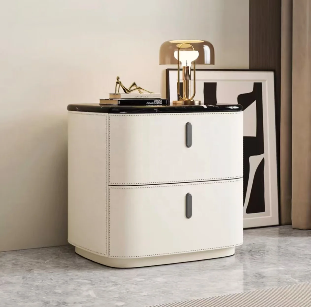 Modern Saddle Leather Bedside Table Solid Wood Frame Microcrystalline Stone Tabletop Storage Nightstands For Bedroom & Hotel