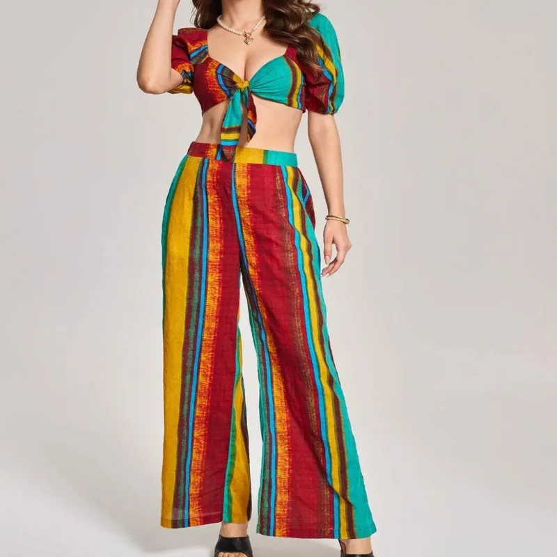 

Two Piece Women's 2025 Spring and Summer Latest Printed Strapless High Waisted Flared Pants Fashionable Casual New Clothing