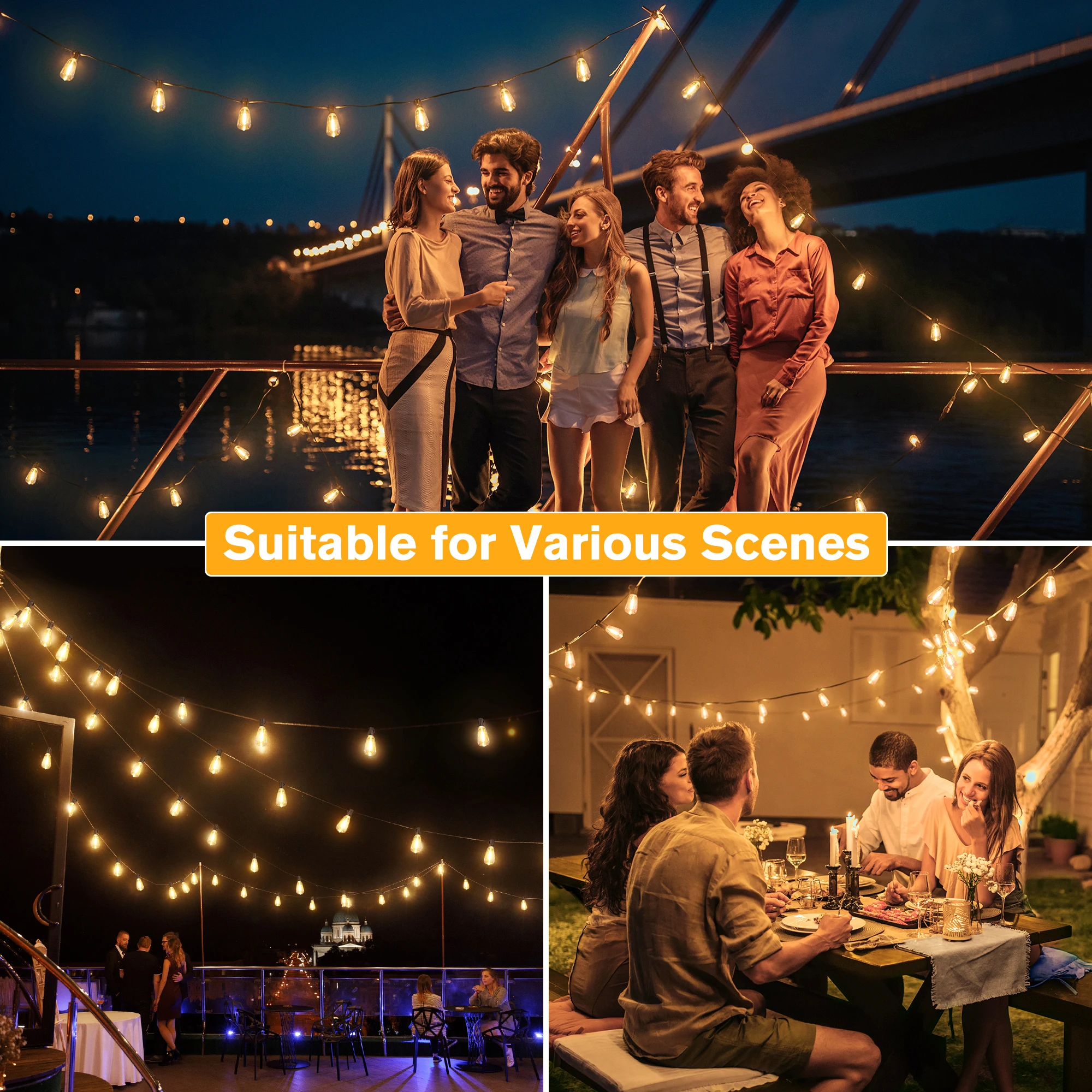 Ollny ST38 Solar String Lights, USB&Solar Dual Charging Waterproof Outdoor Lights, 3Modes 5Timers 2200K Patio Light for Camping