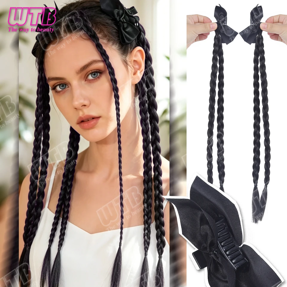 2Pcs Braided Synthetic Wig Bow and Small Clip Style Smooth Braided Ponytail Wig Suitable for Women for Daily Wear and Holidays