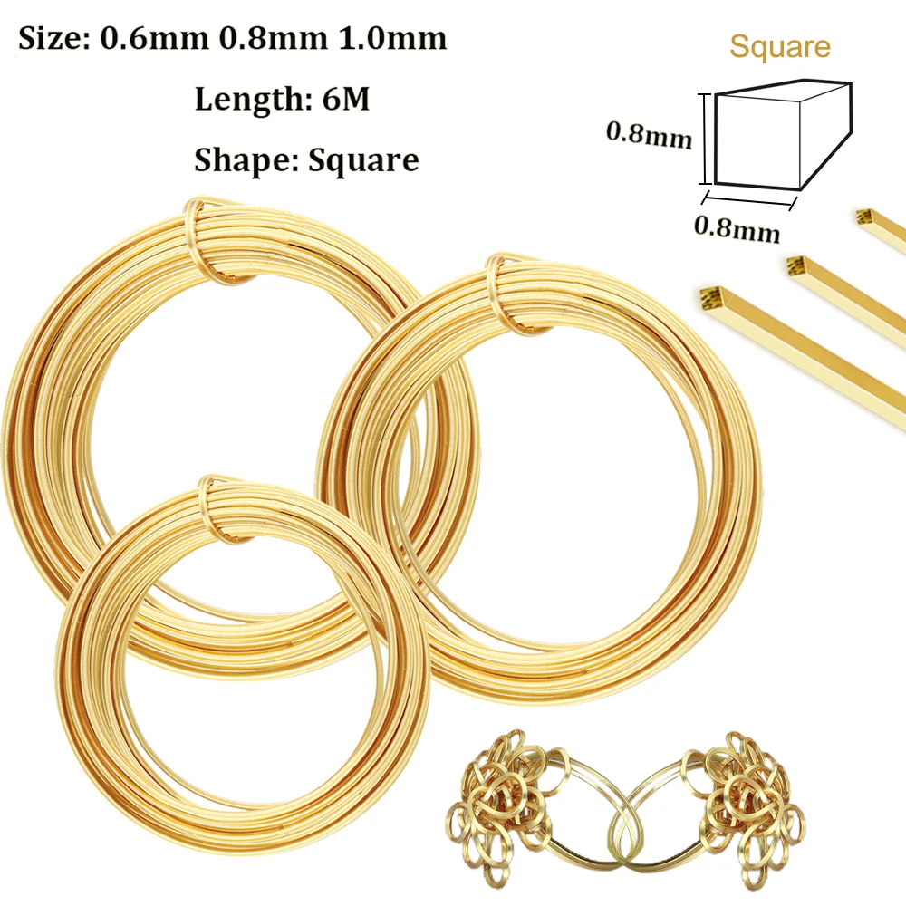 

6Meters Square Brass Wire 0.6/0.8/1mm Wires For DIY Bracelet Necklace Jewelry Cord Beading String Craft Making Accessories