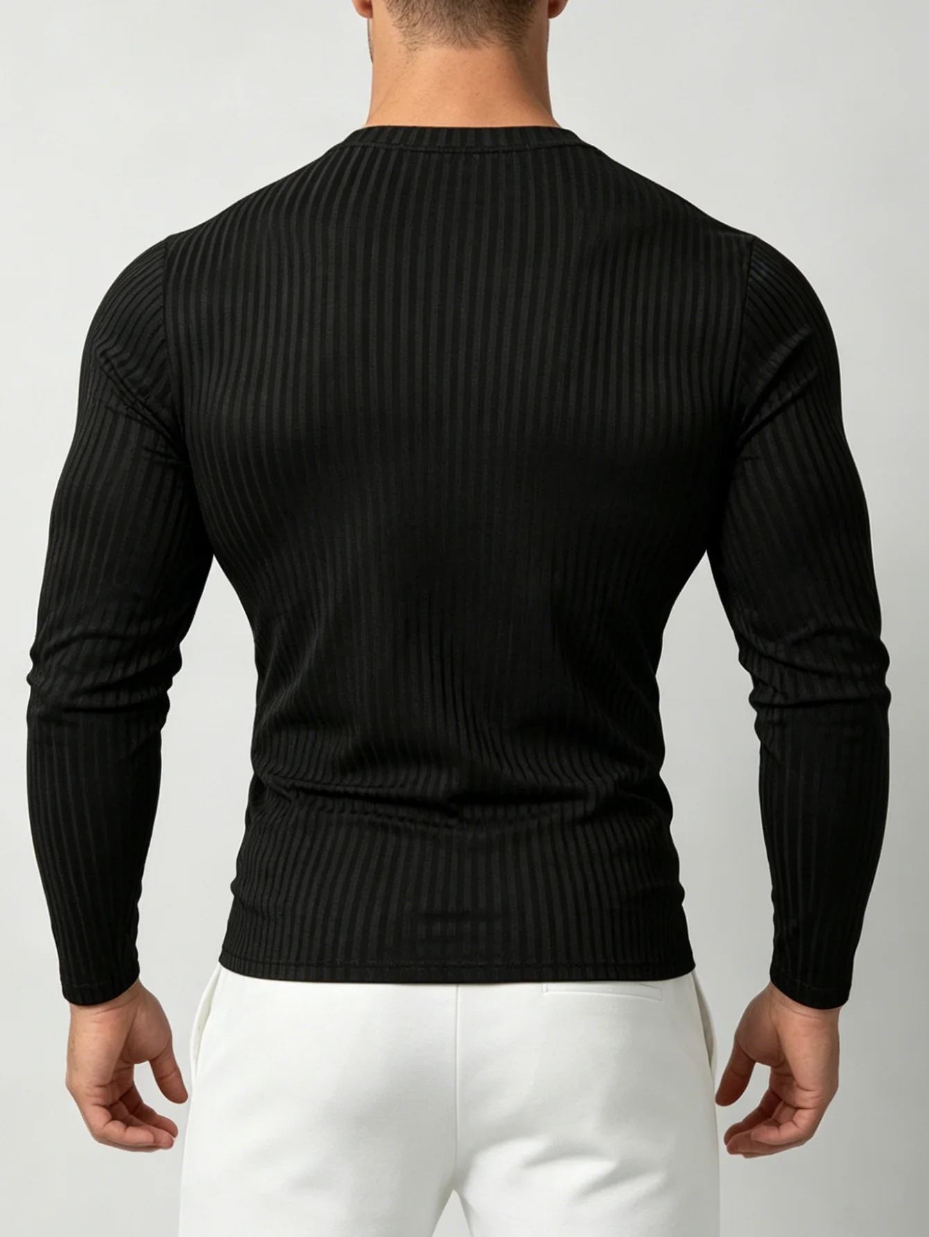 Modisches, texturiertes, vertikal geripptes Herren-Langarmshirt mit Rundhalsausschnitt, elastisches Stretch-Strickoberteil, atmungsaktives Basic-Shirt für den Streetwear-Look – Detail 13