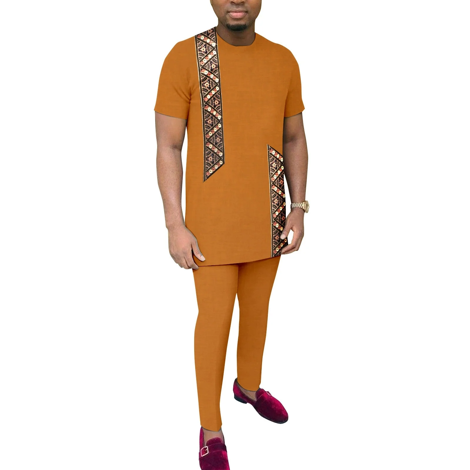 بدلة رياضية رجالية ملابس أفريقية Dashiki مطرزة بزرين قمصان وبنطلون 2 قطعة مجموعة ملابس أنقرة بدلات أفريقية #4