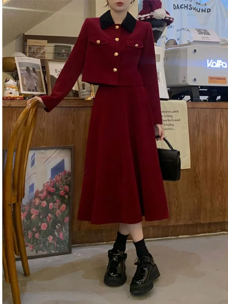 Lnsozkdg High-Quality Vintage Red Tweed Two Piece Set Women Short Jacket Coat + Bodycon Skirt Suits Fall Winter Elegant Outfits