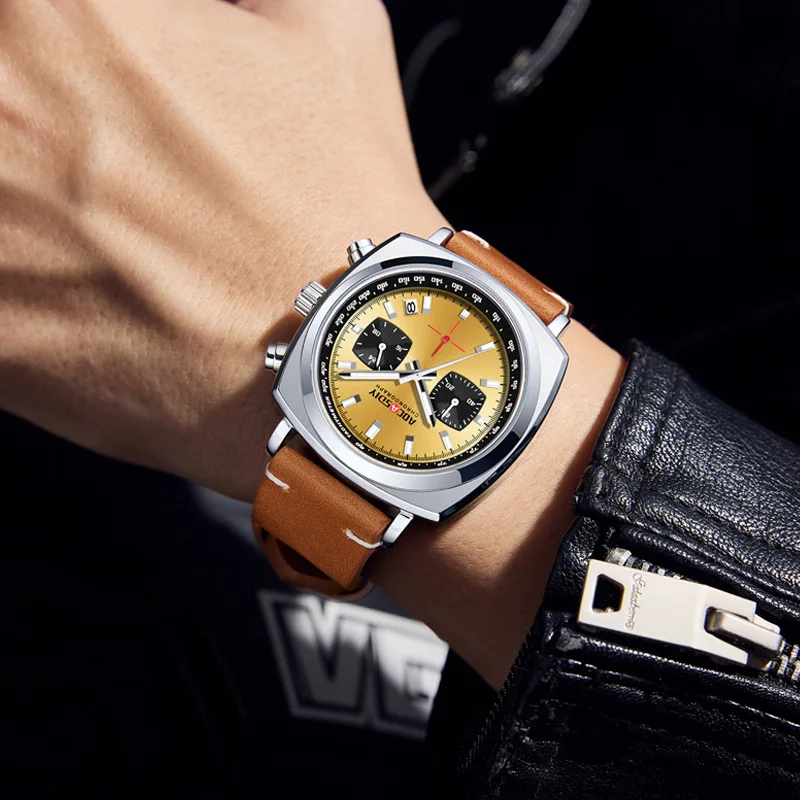 AOCASDIY New Fashion Square Watch Multi-Functional Three-Eye Six-Pin Timing Leisure Men's Leather Watch