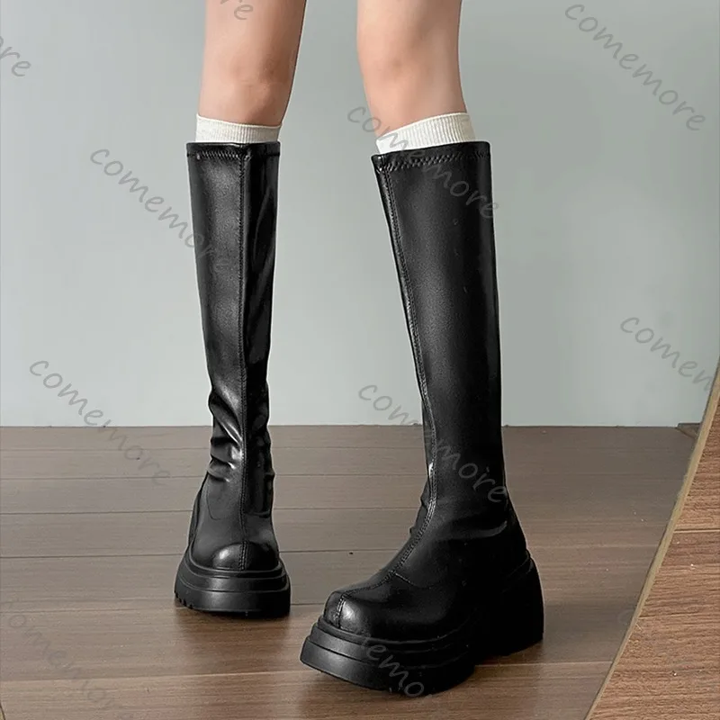 Comemore الأسود الرجعية صندل بكعب مكتنز منصة حذاء برقبة للركبة المرأة الجديدة الخريف الشتاء الجلود عالية الكعب سستة طويلة فارس بوتاس #4