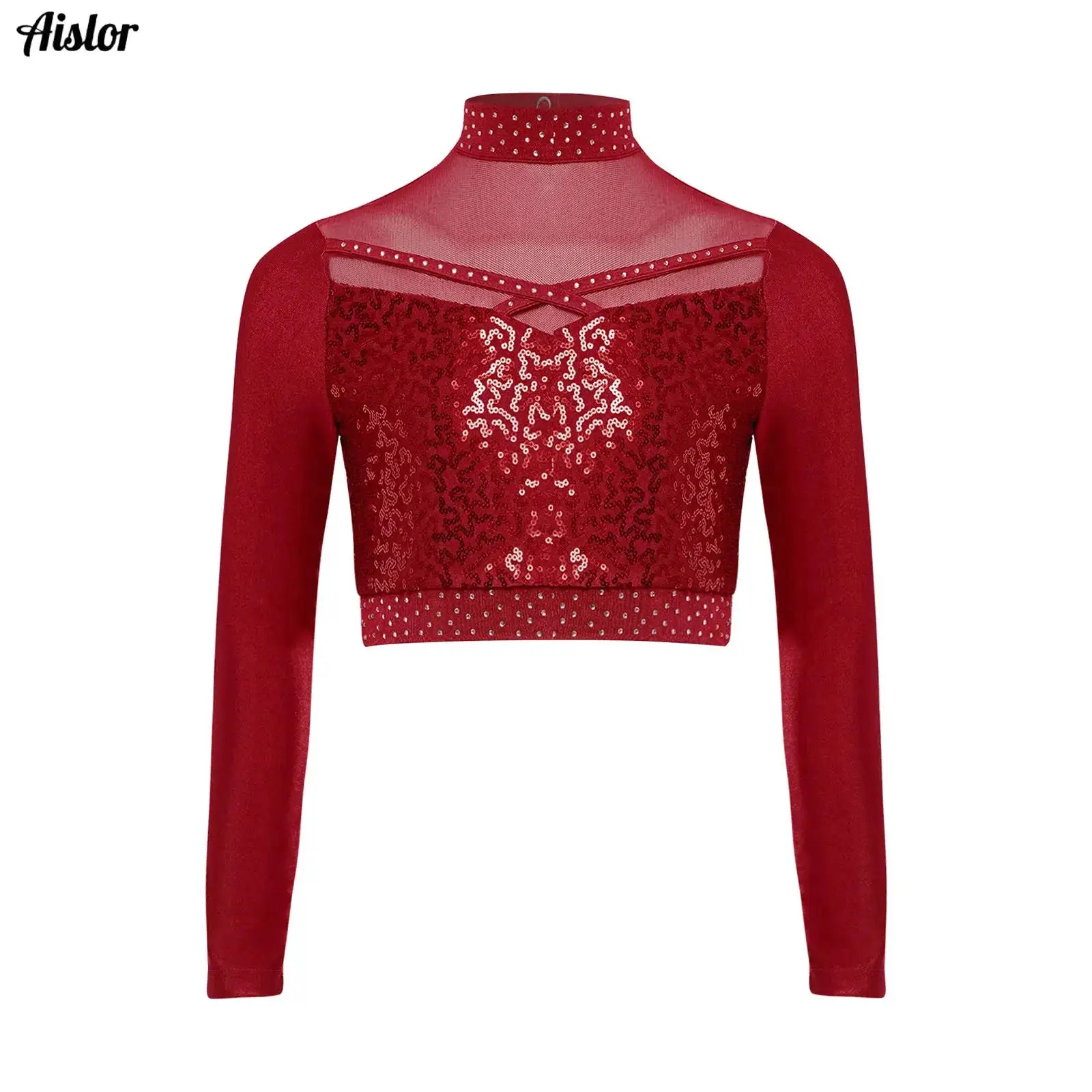

Kids Girls Jazz Dance Crop Top Mock Neck Long Sleeve Sheer Mesh Patchwork Shiny Sequins Top Streetwear for Performance Dancewear