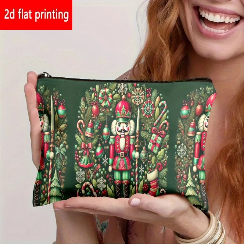 Nutcracker Christmas Canvas Cosmetic Bag Candy Cane Ornament Print Zipper Pouch Travel Makeup Storage Bag Holiday Gift