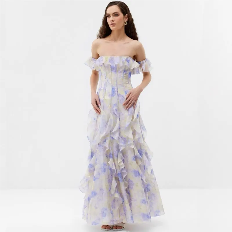 

A long dress with seaside vacation style halter lace and ruffled edges exuding atmosphere