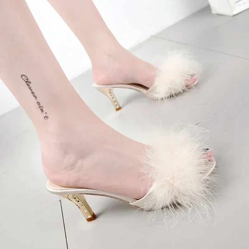 2024 Summer New Women\'s Slippers Stiletto Sandals Party Women\'s Flip-flops High Heels Furry Mule Shoes