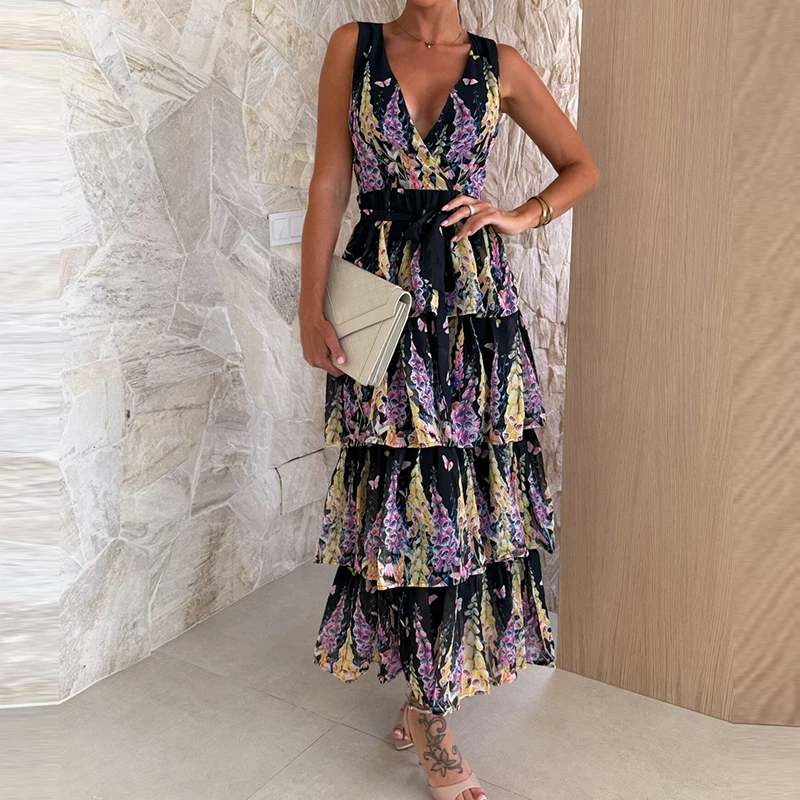 

Casual V Neck High Waist Layered Boho Evening Dress Vintage Pattern Print Tank Long Dress Women Sleeveless Pleated Cake Dresses