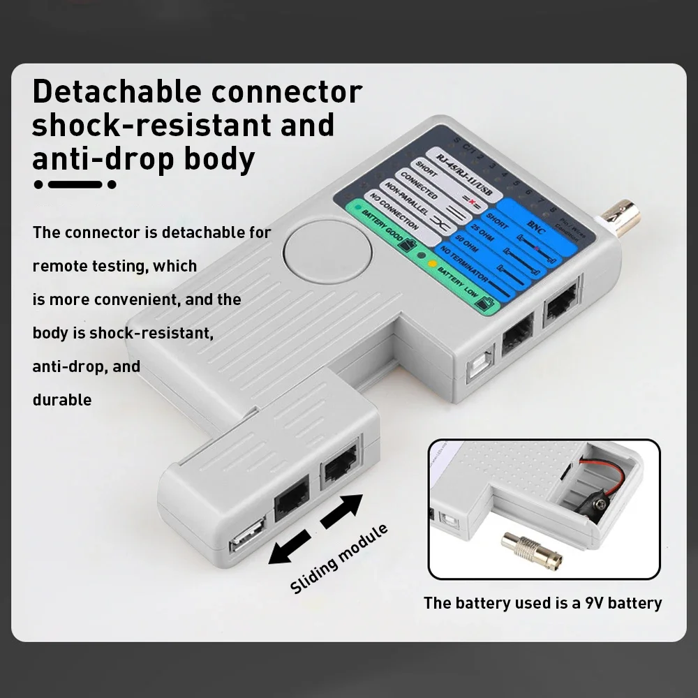 جهاز اختبار ZoeRax 4-in-1 RJ45 للشبكة والهاتف متعدد الكابلات مع شاشة LED لـ RJ11/RJ45/BNC/USB، نطاق 90 مترًا، جهاز اختبار الأسلاك التي تعمل بالطاقة 9 فولت