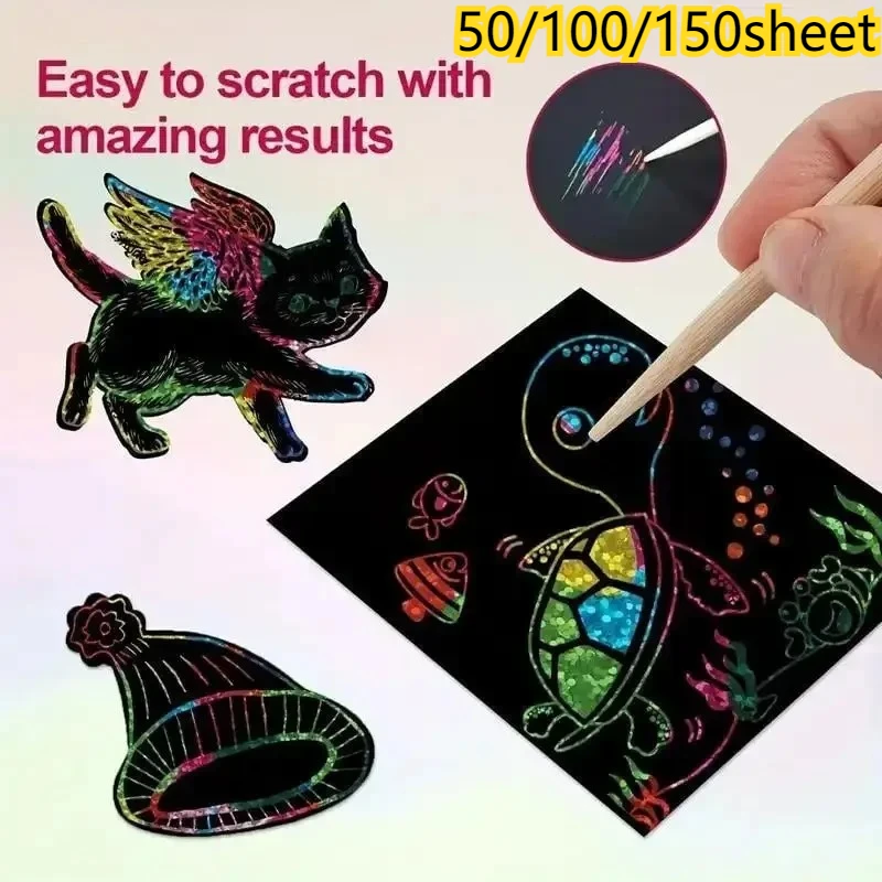 50/100/150 Sheets Rainbow Scratch Paper Art Set, Magic Black Scratch Off Drawing Paper With Wooden Stylus, DIY Creative Coloring