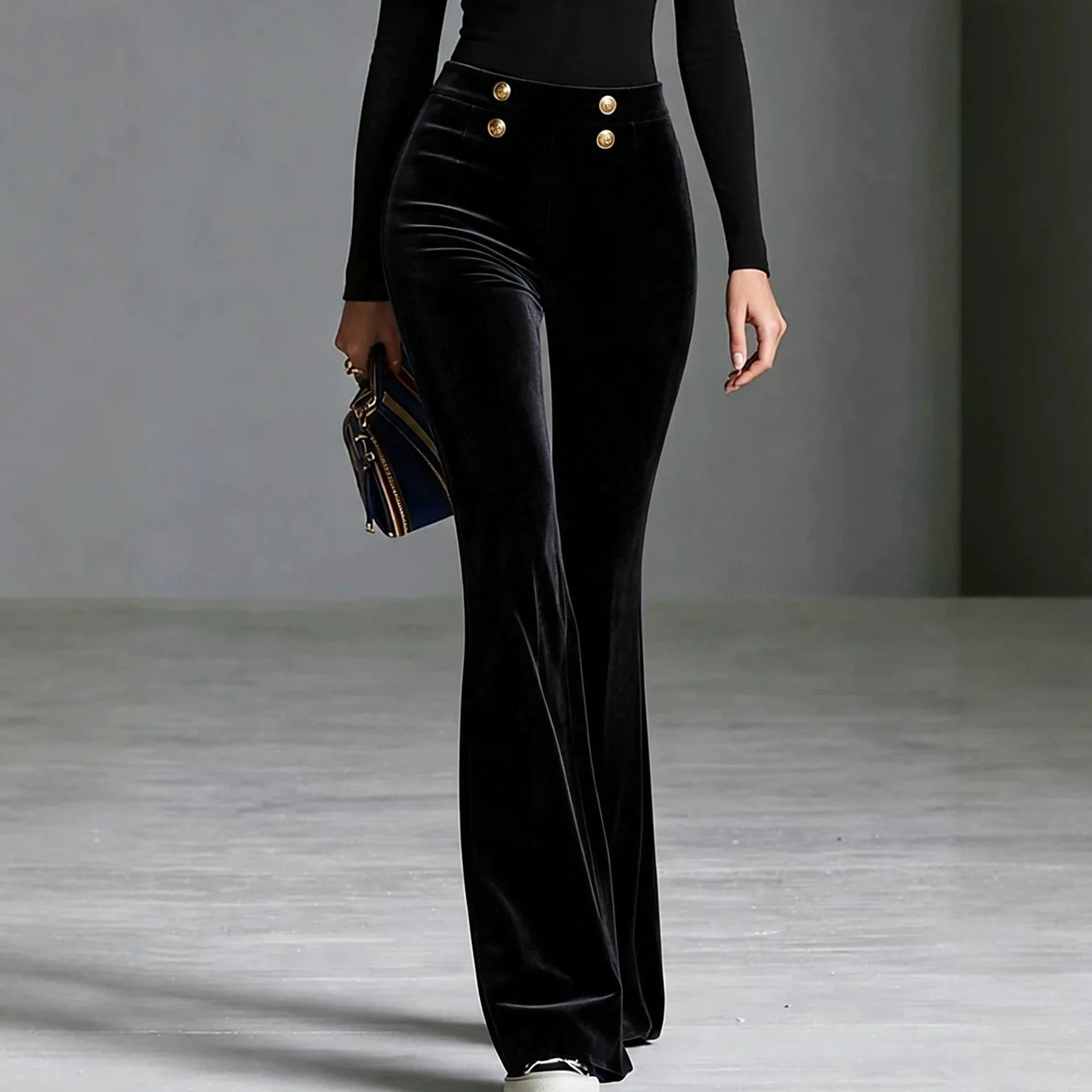 Women Elegant Velvet Flared Trousers High Waist Golden Buttons Decoration Elastic And Soft Fabric Retro Pants Chic Daily Bottoms