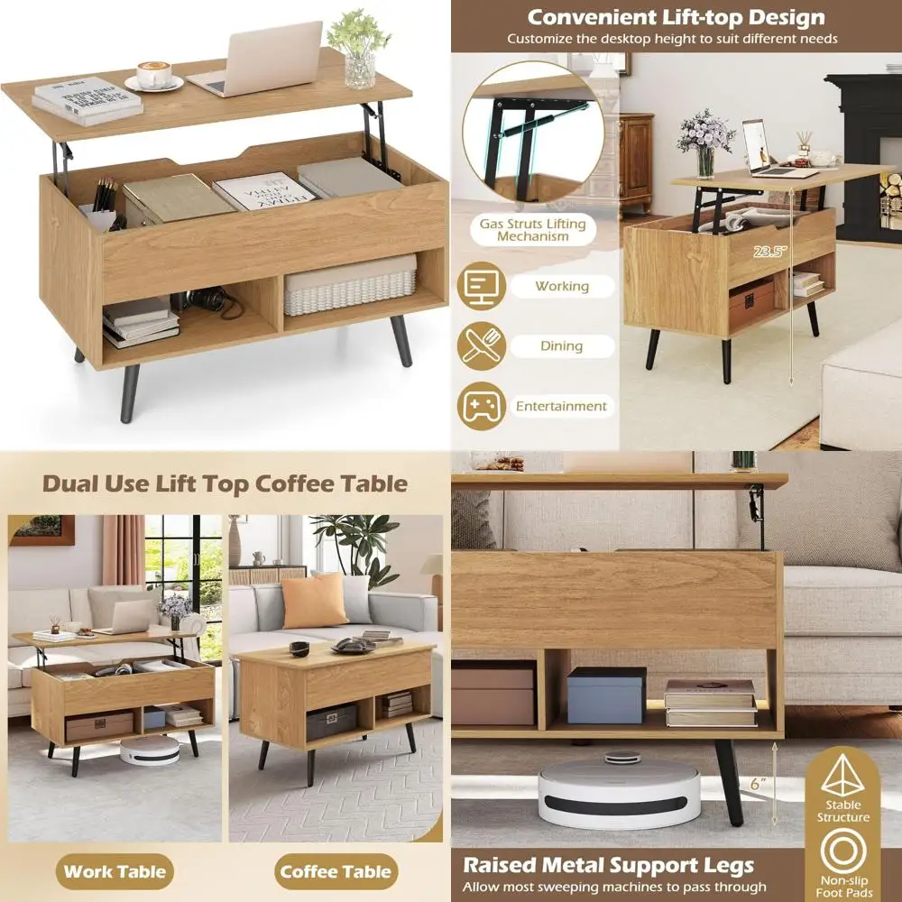 

Modern Flip Top Coffee Table with Hidden Storage and 2 Open Shelves, Contemporary Cocktail Table for Living Room