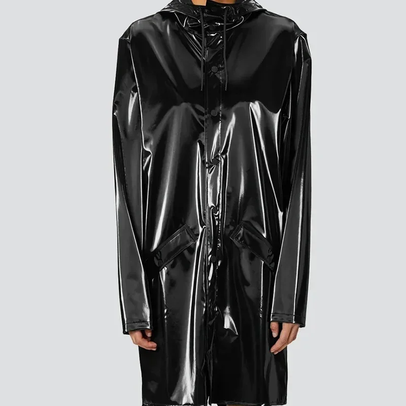 

Women Faux Leather Hooded Glossy Patent Leather Coats Single Breasted Trench Coat Ladies Gothic PVC Windbreaker Overcoat Custom