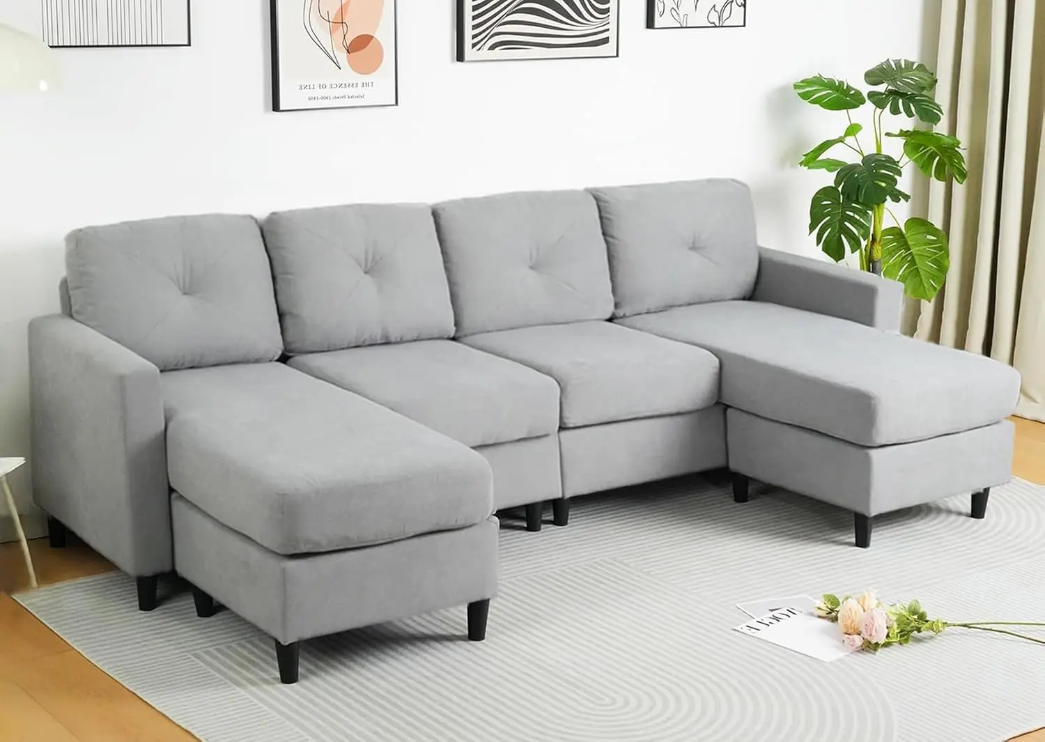 

U Shaped Sectional Sofa Couch Convertible 4 Seat Sofa with Double Chaises Modular Sectionals Fabric Sofas Ottoman, Light Grey