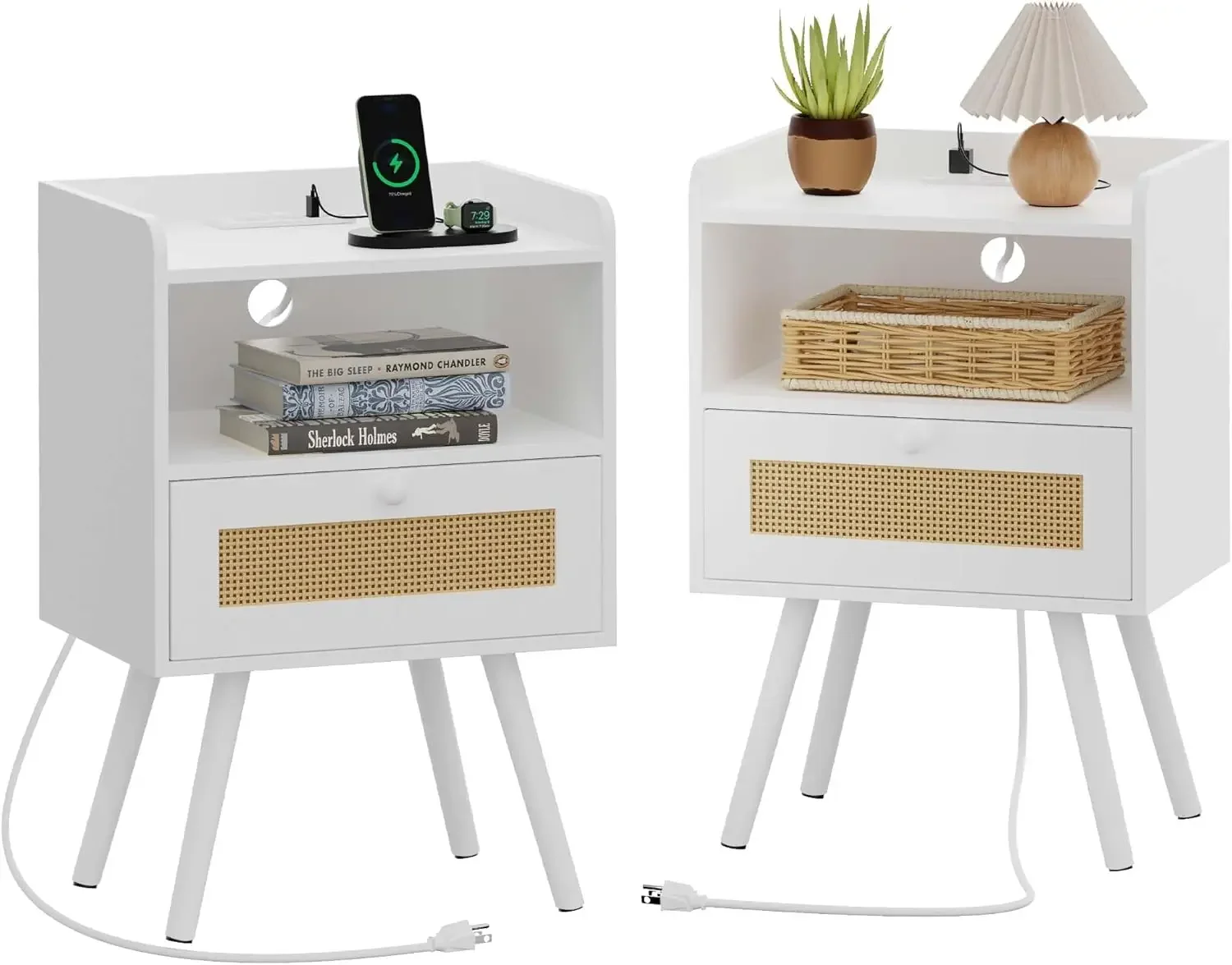 Nightstands with Charging Station, Bedside Table Set of 2 with PE Rattan Drawers, Rattan Side Table with Storage & Solid Wood Fe