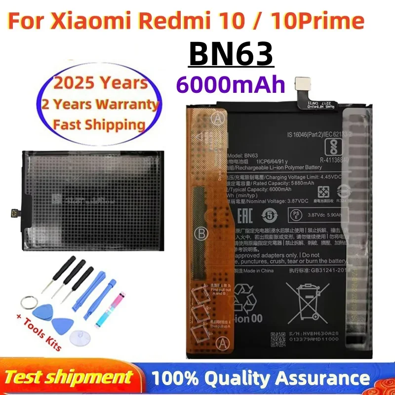 

2025 Years 100% Original Replacement BN63 6000mAh Battery For Xiaomi RedMi 10/10 PrimePhone Rechargeable Batteries Fast Shipping