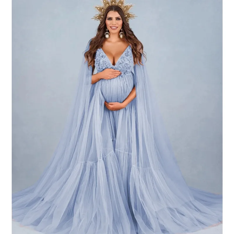 New Maternity Gown for Photoshoot or Babyshower Tulle Pearls Lace Maternity Gown with Cape Bathrobe Nightwear