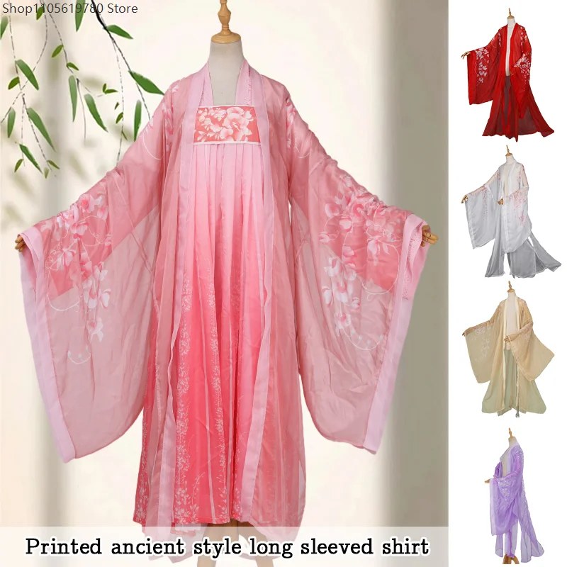 

Chinese Hanfu Cardigan Floral Chiffon Wide Sleeved Cloak Coat Classical Folk Dance Stage Tops Chinese Ancient Cosplay Costume