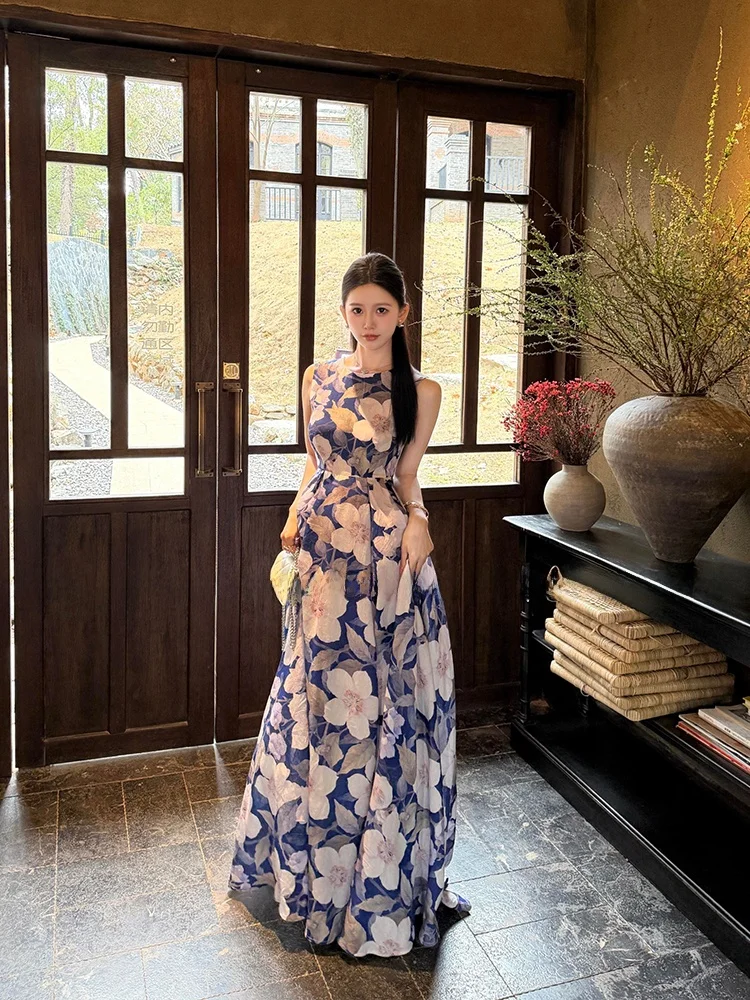 

Yumeizi STAZF7 plus Size Gentle Print Vest Dress Women Spring Summer Elegantly Lady Long Dress Floral Print Casual Wear