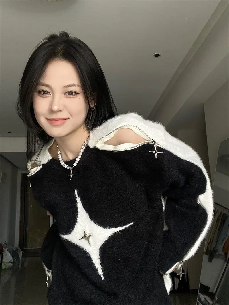 Retro Contrast Color Star Sweater Sexy Slash Neck Off Shoulder Long Sleeve Tops 2024 New Autumn Harajuku Fashion Y2k Jumpers