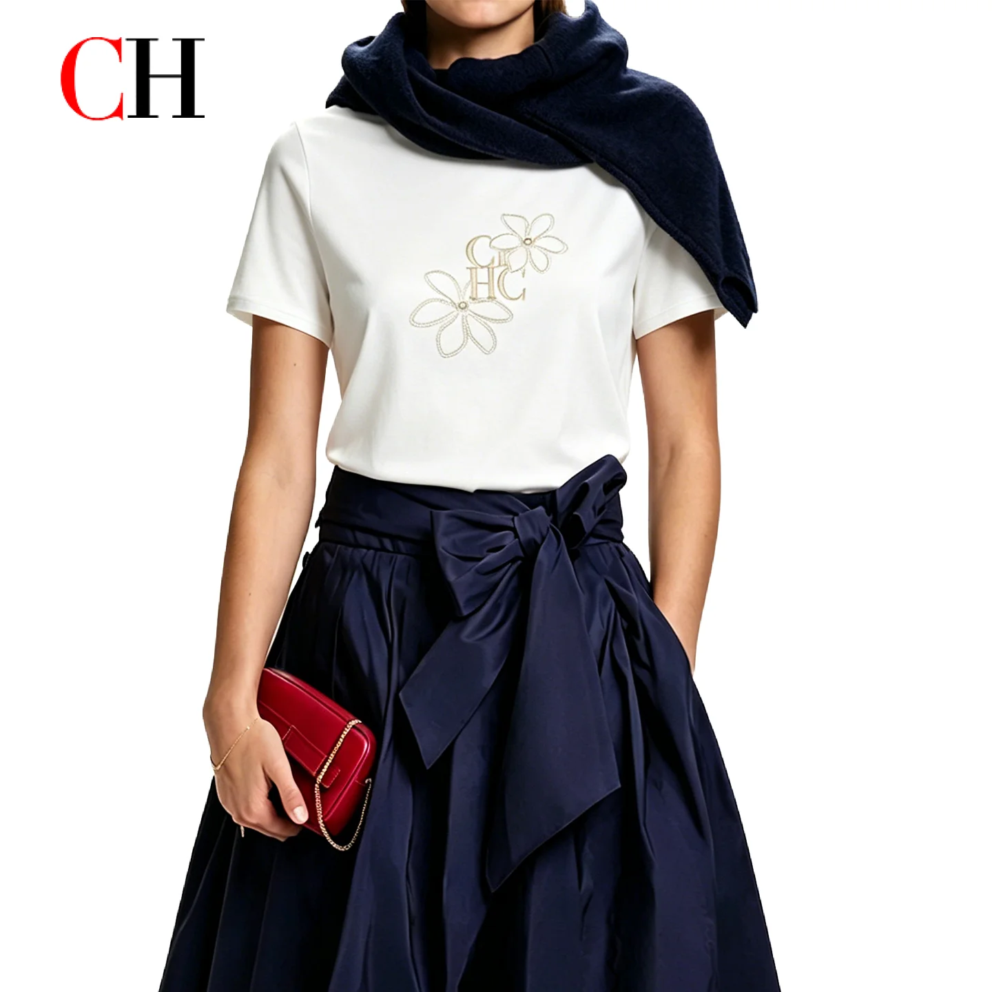 CH Women T-Shirt White Floral Embroidery Logo Short Sleeve O Neck Casual Cotton Tee For Daily Office Streetwear
