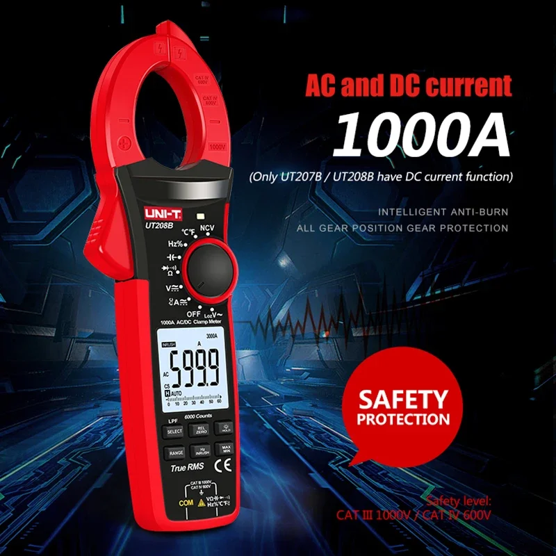 

UNI-T Digital Clamp Meter AC DC Current 1000A 1000V True RMS Pliers Ammeter LPF 6000 Count Amperimetric Clamp UT207B UT208B