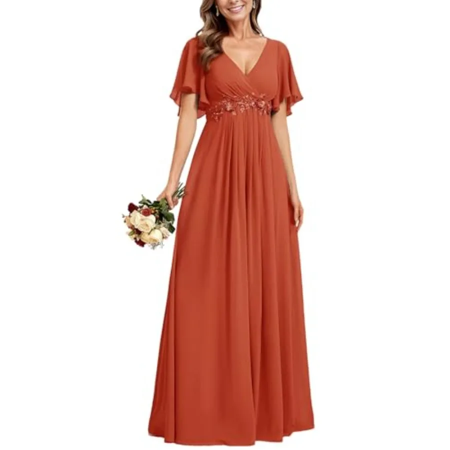 Ever-Pretty Women's Spring Short Sleeve Bridesmaid Dresses V-Neck Chiffon Ruched Empire Waist Appliques Long Formal Dress