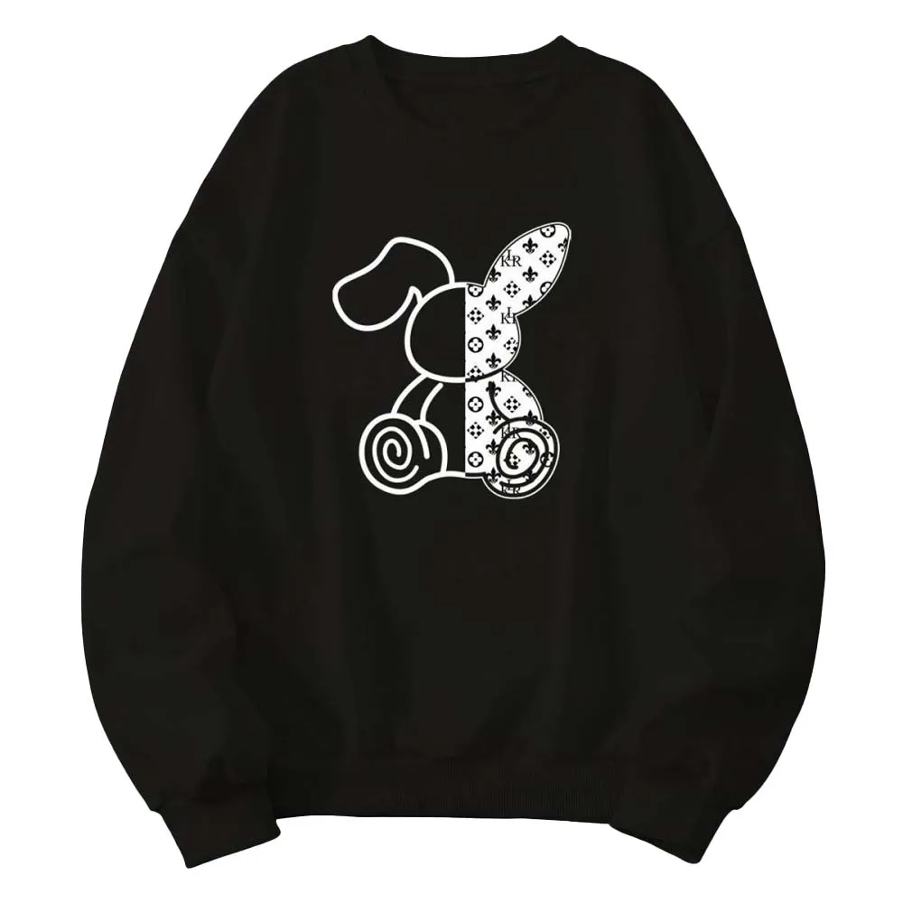 2024 New Trend All-in-one female cartoon Kawaii Rabbit print ladies loose casual black crew neck hoodie Custom logo sports stree