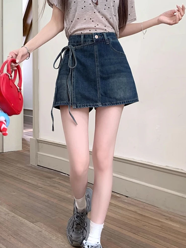 2024New Solid Color Strap Denim Short Skirt Women\'s Clothing Casual Versatile Summer Hip Skirts A-line Lining Asymmetric Fashion