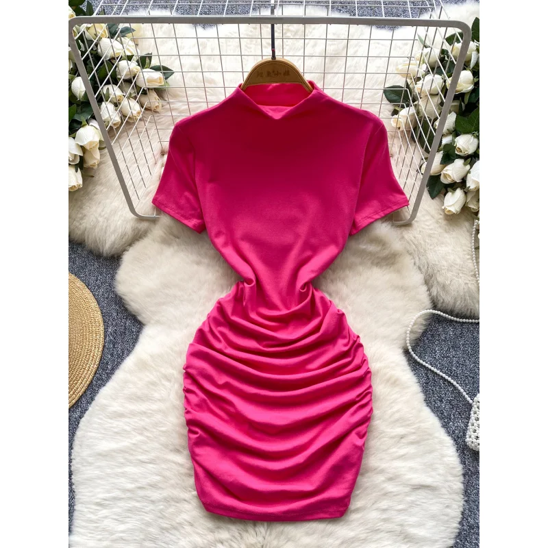 Ins ผู้หญิงฤดูร้อนคอเต่าจีบ bodycon มินิสั้นชุดลําลอง ruched party t เสื้อชุด draped night club sheath vestidos