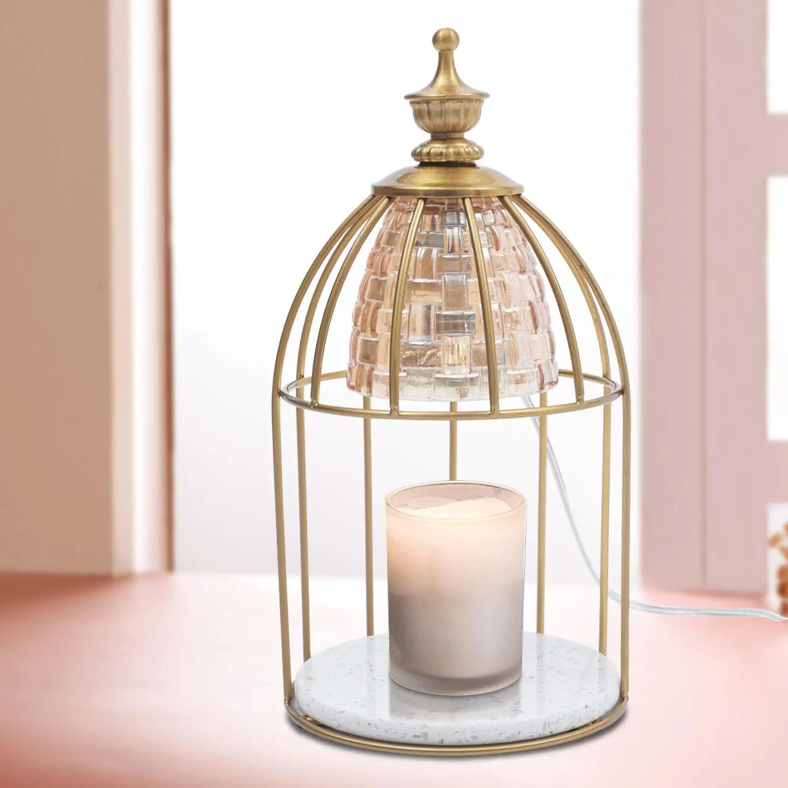 

Modern Iron Aromatherapy Candle Warmers Lamp Gold Bird Cage Style Dimming Electric Wax Melting Light Table Lamp Bedside Dec