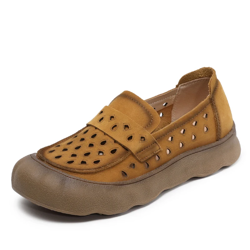 DRKANOL 2026 Summer Women Loafers Hollow Out Breathable Genuine Cow Leather Slip On Flat Shoes Ladies Shallow Casual Holes Shoes