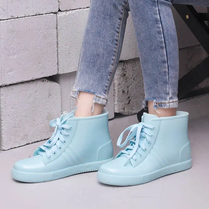 Fashion Lace Up Rainshoes Womens Light Blue Rain Boots Woman Oxfords Style Water Shoes Girls PVC Ankle Rainboots Green Galoshes