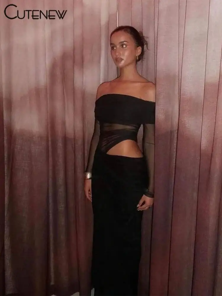 Cutenew Maglia increspata Abito lungo da donna Sexy vedere attraverso spalle scoperte Manica lunga Guaina Abiti Donna Festa di mezzanotte Abito solido