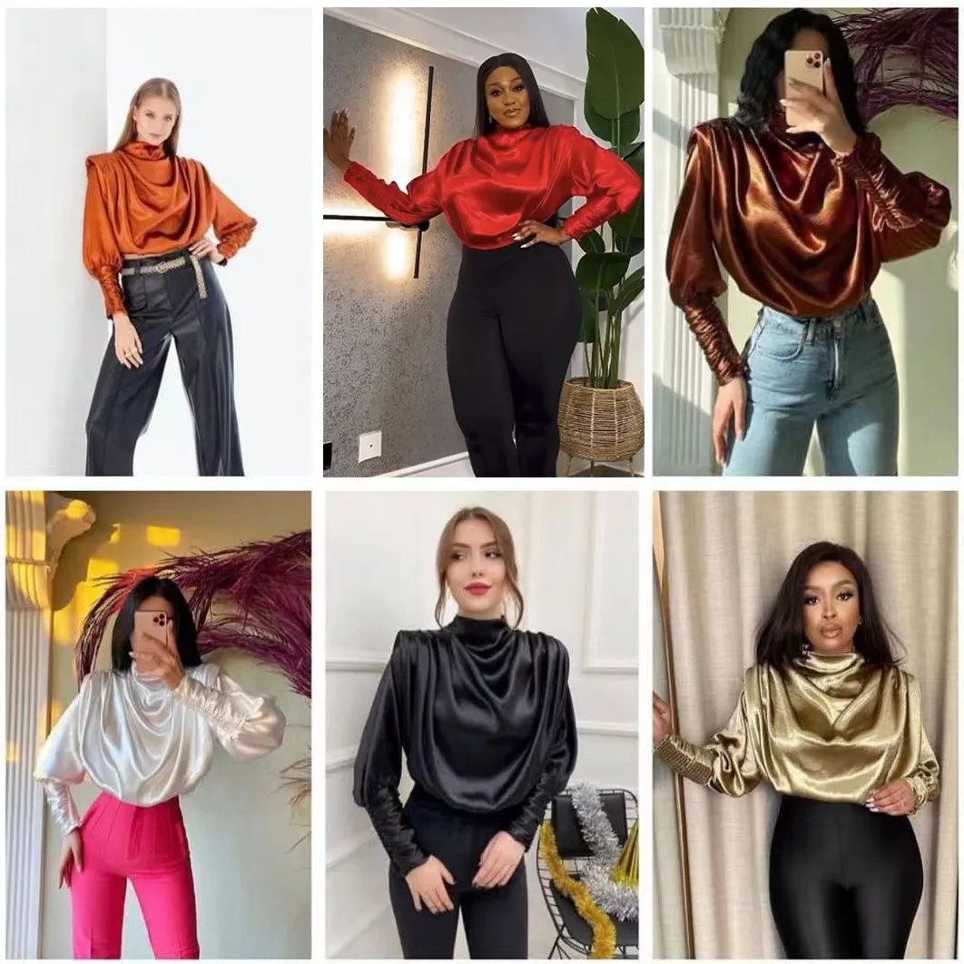 Blus Atasan Lipat Kasual Wanita Pulover Leher Tinggi Kemeja Atasan Lengan Panjang Blus Wanita Komuter Pakaian Jalanan Anak Perempuan Mode