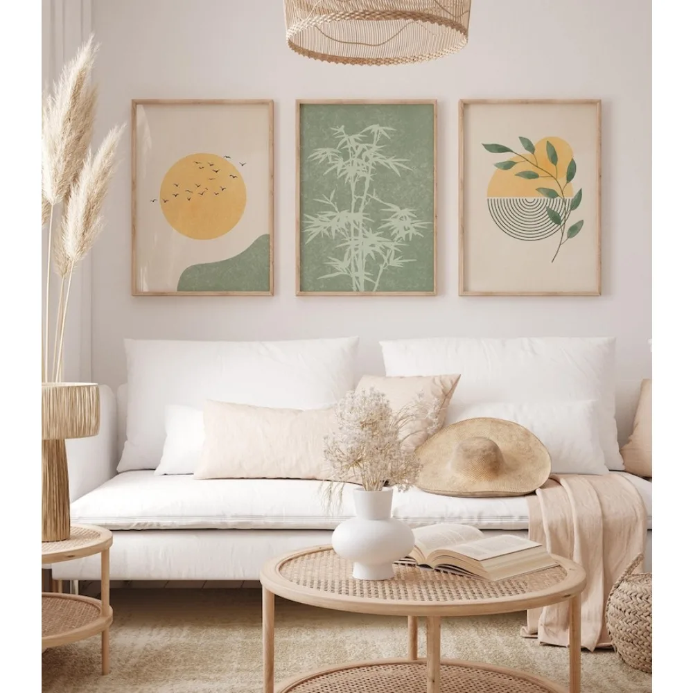3pcs Frameless Wall Art,Sage Green Simple Printed Canvas Painting,Modern Neutral Home Decoration,Bohemian Printable Wall Art