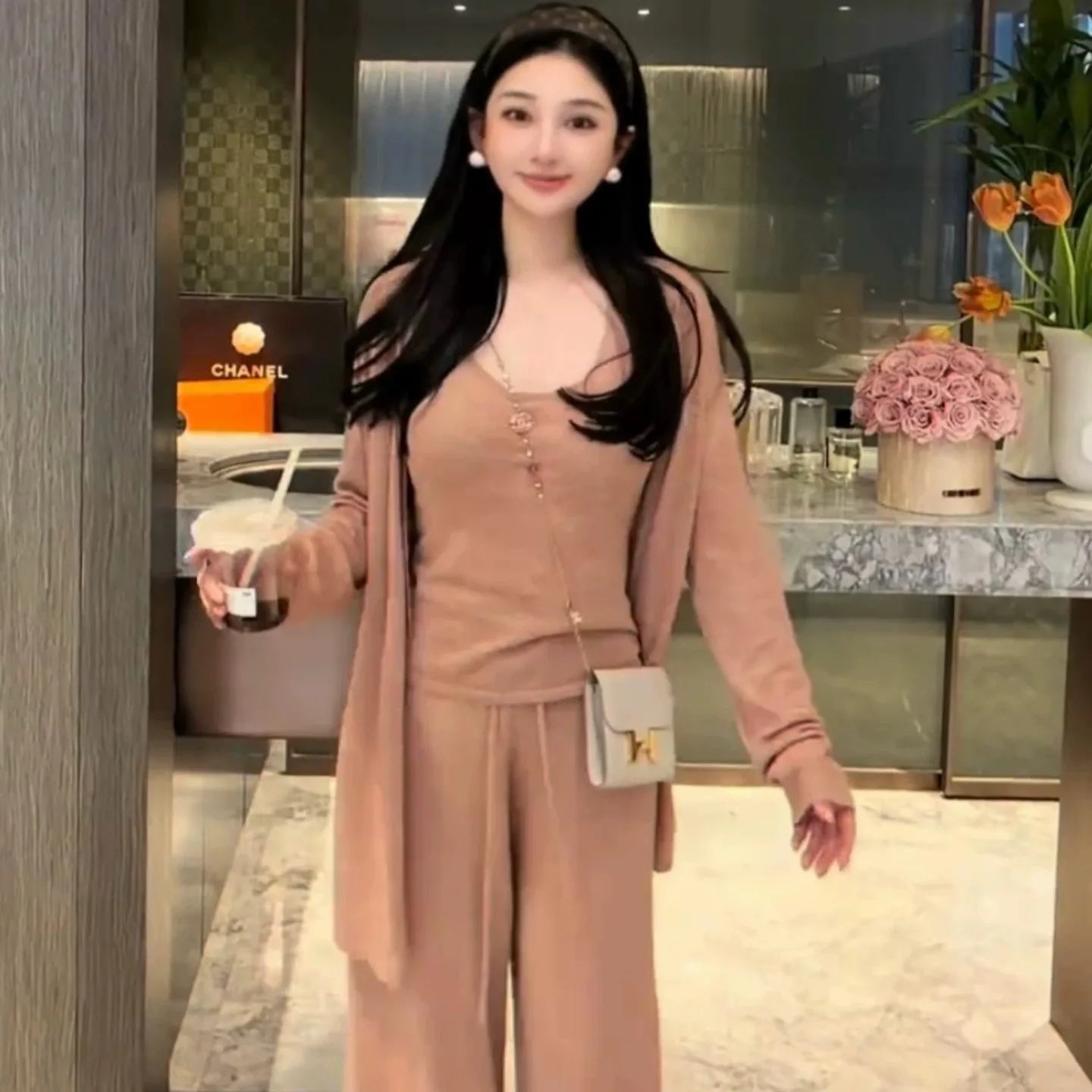 

Early Spring Casual Korean Style Three Piece Set with Strap Cardigan And Loose Pants High Waist Long Pants V Neck Hoodie