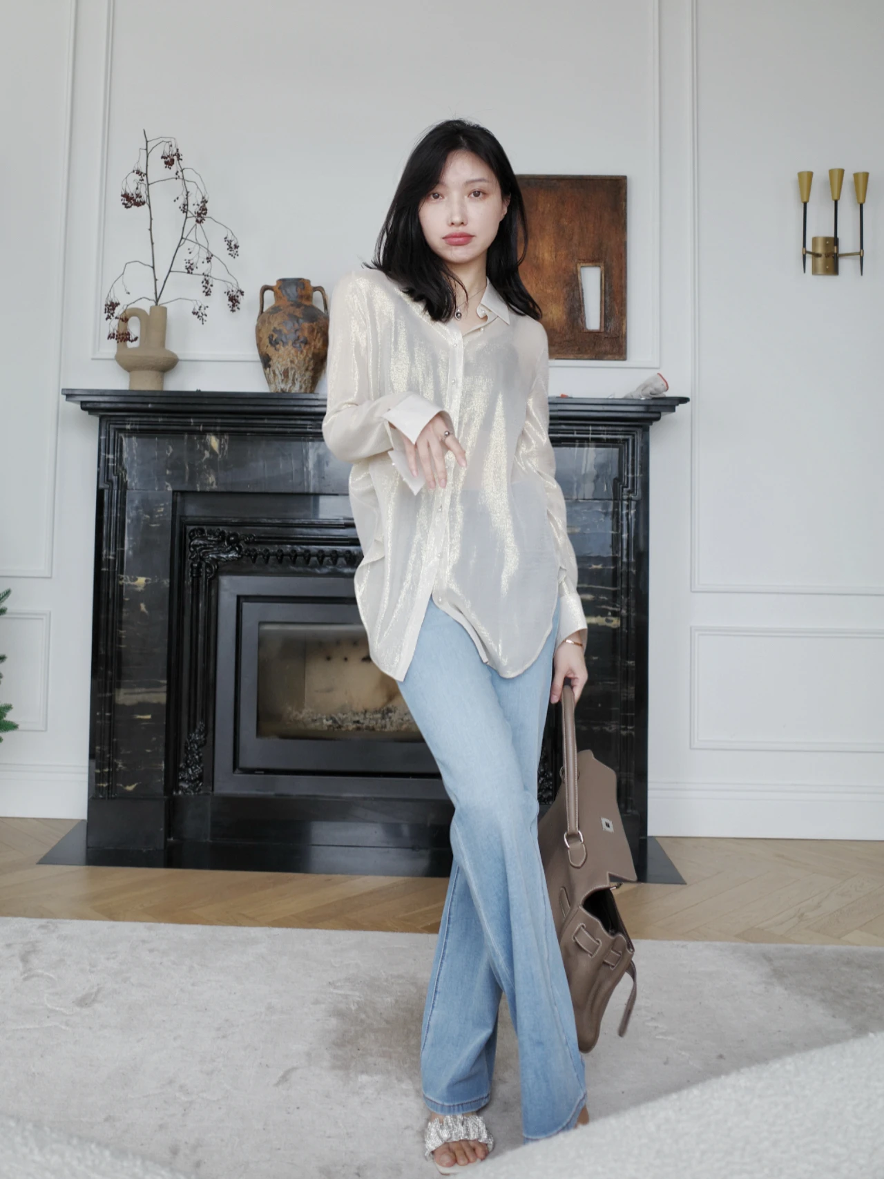 

Shiny Soft Silk Long Sleeve Pearl Button up Shirt LadyChi Flowing Mermaid Princess Elegant Pure Color Neck Casual Top
