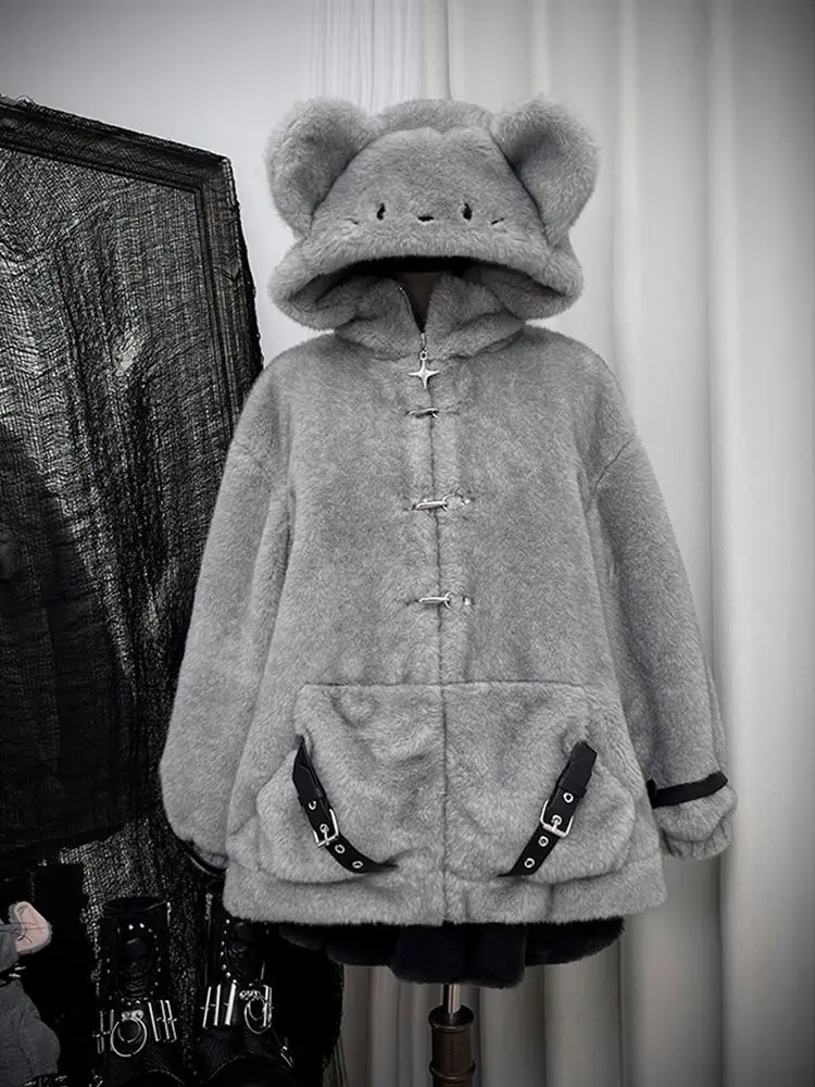 

Y2k панк винтажная темная академическая одежда осень-зима меховые женские куртки повседневный свободный кардиган пальто женский свитшот