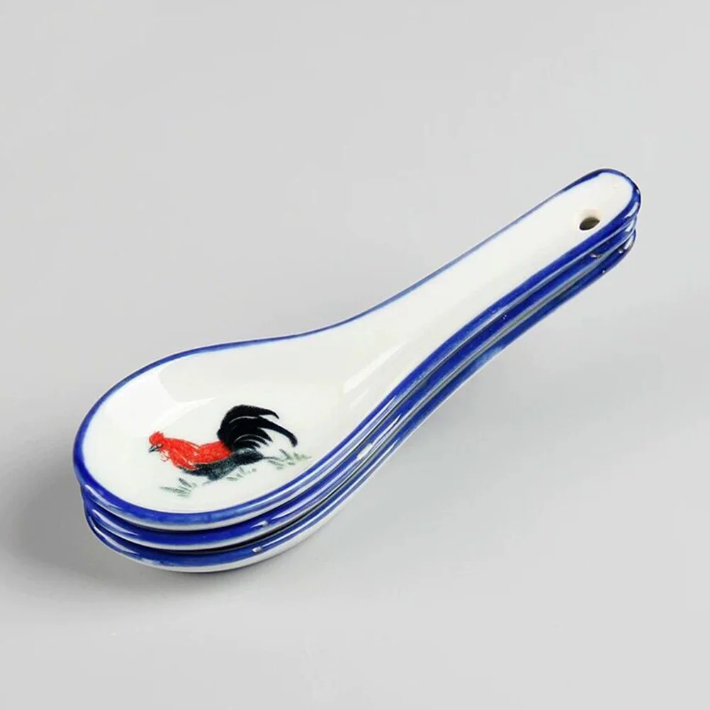 

6Pcs Ceramic Soup Spoons Blue White Pattern Elegant Design for Ice Cream Soup Porridge Dessert Mixing Kitchen Spoons